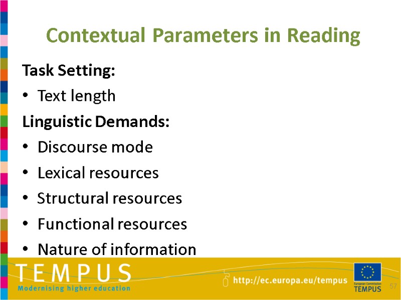 57 Contextual Parameters in Reading Task Setting: Text length Linguistic Demands: Discourse mode Lexical